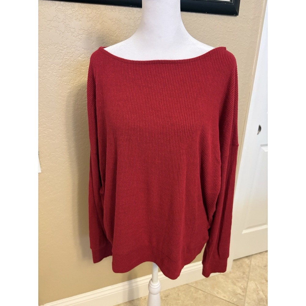 Lucky Brand Women's Cloud Jersey Ribbed Knit Pullover, Red, Large